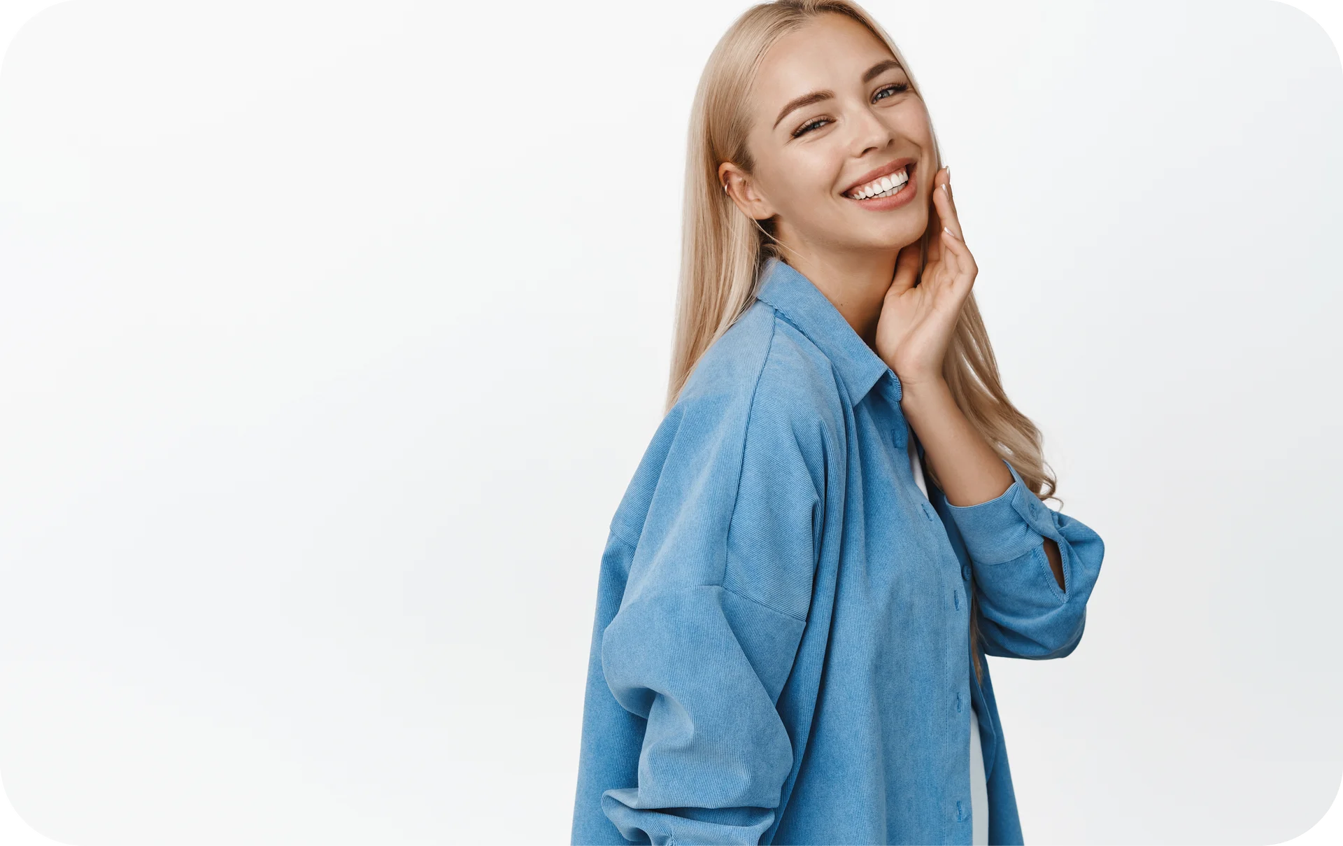 happy blonde woman showing big smile